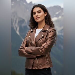 JOSEPH RIBKOFF Women’s Metallic Bronze Faux Leather Biker Jacket Size M